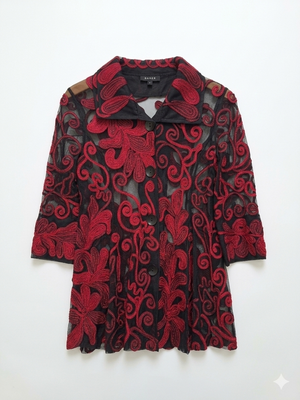 Damee New York Red Black Embroidered Lagenlook Mesh Jacket Size S